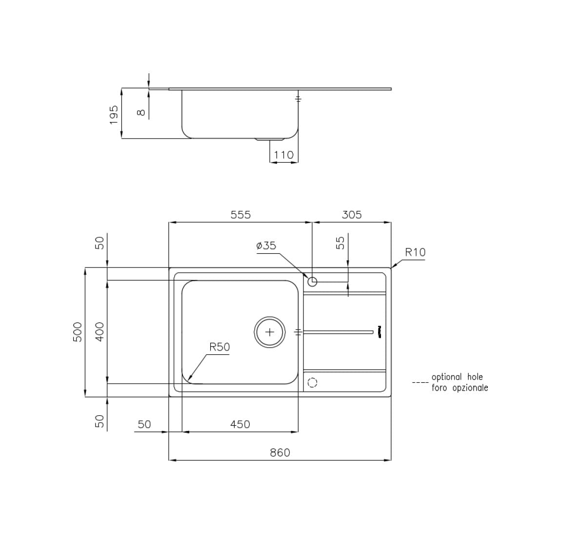 Lavello da cucina 1 vasca con gocciolatoio 86 cm Inox - Evo