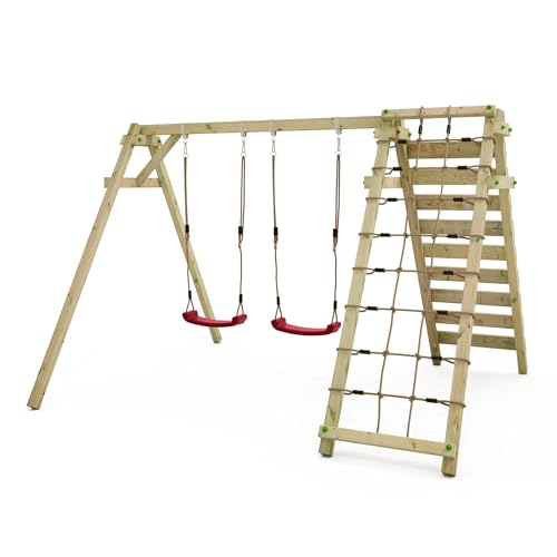 Wickey Smart Cliff Kinderschaukel, Schaukelgestell, Schaukel, Schaukelgerüst, Doppelschaukel, Holzschaukel mit Kletteranbau für Kinder im Garten mit 2 Schaukelsitzen - rot