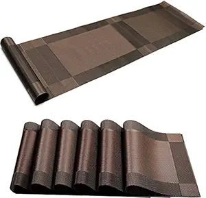 Bhaguji PVC Vinyl Stain Resistant Heat-Resistant Placemats Set with Table Runner for Kitchen Dining Table - Easy to Wash Cleaning & Both Side Usable - Brown (6 Placemat + 1 Table Runner)