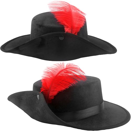 Skyebed 2 Pack Black Pirate Hat with Feather Pirate Costume Hat Flat Top Fedora Hat for Men Women Halloween Cosplay Party Costume Accessories