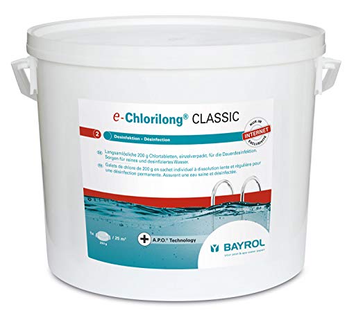 BAYROL e-Chlorilong Classic 10 kg - Galets de Chlore Lent 200 g - 92% de Substance Active - pour Tous Types de filtres - Formule Silk Effect - désinfection...