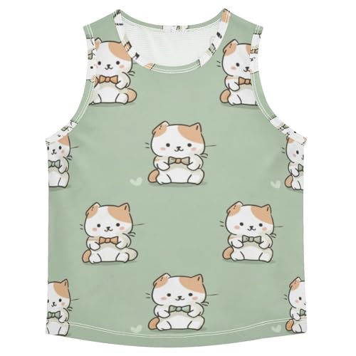 Bolaz Boys Athletic Quick Dry Tank Top Sleeveless Workout T Shirts Age 11-15,Funny Cat on Green