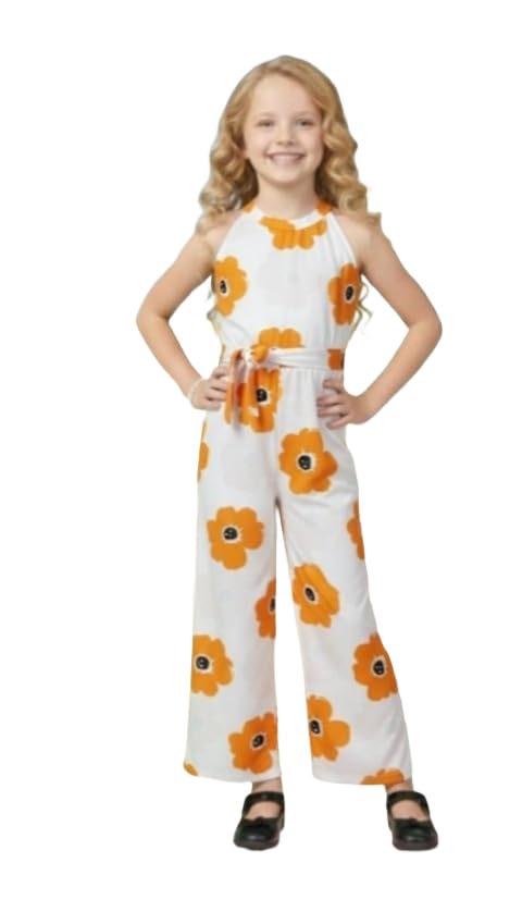 Image of A.T.U.N. (ALL THINGS UBER NICE) Girls Printed Poly Silk Jumpsuit with Tie-Up Belt | Stylish Sleeveless One-Piece Outfit for Kids | Trendy Comfortable Wear for Parties Functions & Photoshoots