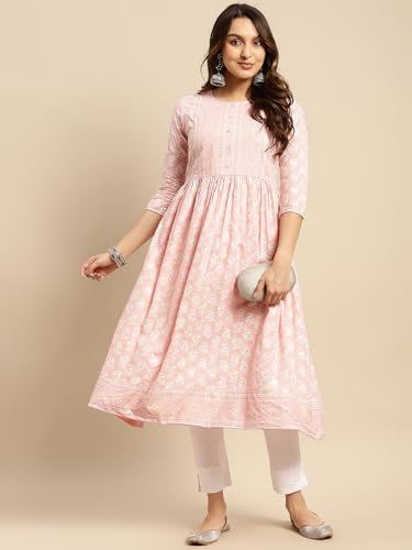 Image of rangita Rayon Calf Length Printed Flared Kurti for Women | Kurta for Women