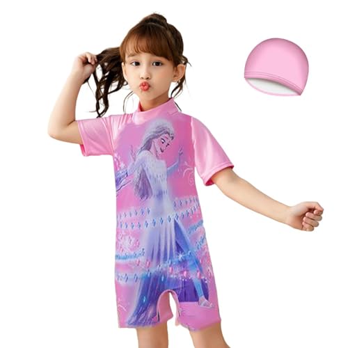 Image of Girls Swimsuits Half Sleeve Rash Guard Swimwear with Matching Cap One-Piece Bathing Suits 2-11 Years