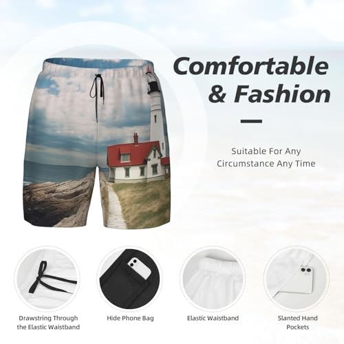 Men's Swim Trunks Quick Dry Board Shorts Lighthouse Backdrop Beach Shorts with Pocket Bathing Suits for Men4