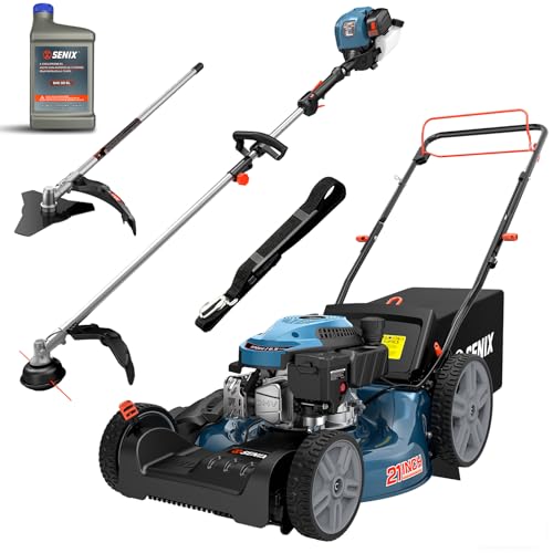 SENIX LSSG-M10 21-inch 170cc Self Propelled Gas Lawn Mower, 26.5 cc 4-Cycle String Trimmer and Brush Cutter Kit