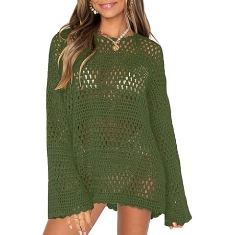 Bashafo Women Bathing Suit Cover Up Mesh Knit Hollow Out Crochet Top for Beach Swimwear Cover Ups Army Green L Cover