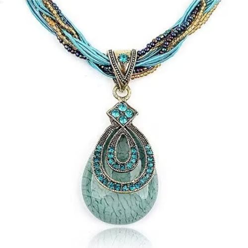 WATEFOER Collier Bohème Turquoise pour Femme, Collier Pendentif Rétro Vintage en Strass Bijoux Fantaisie Cadeaux pour Fête des Mères Saint-Valentin Anniversaire...