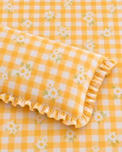 Image of 380 TC Premium Glace Cotton Elastic Fitted Bedsheet King Size with 2 Pillow Covers King Size | Double Bed with All Around Elastic (Yellow Check, Fitted - Double72x72)