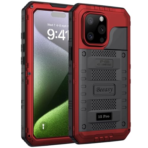 Coque étanche iPhone 15 Pro protection intégrale 360 antichoc métal rouge