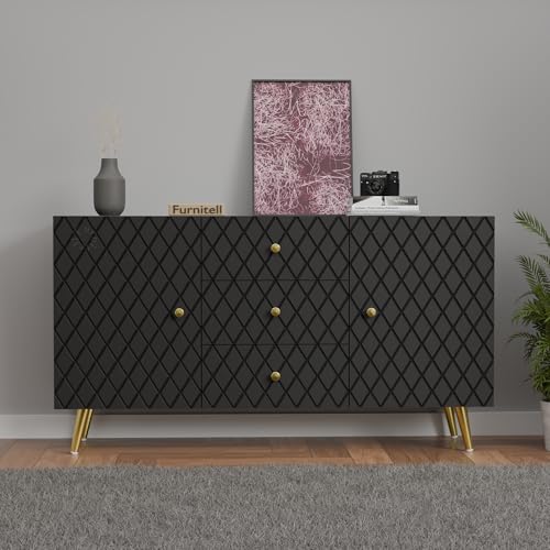 Image of Wooden Sideboard Cabinet for Living Room & Bedroom | Geometric Design Side Board Crockery Cabinet with 2 Doors & 3 Drawers Storage for Home & Entryway | HDMR Premium Wood | Golden Metal Legs (Black)