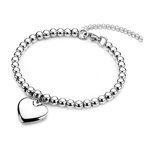 Heart Bracelet for Teen Girls Kids Women Beads Chain Charm On Shiny Polished Stainless Steel Gifts No Rust No Tarnish No Embarrassed (Bracelet Only, 7