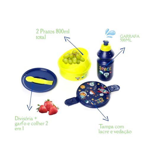 Kit Lancheira Pote com Divisória Mais Squeeze Escolar Passeio Mochila Viagem Criança Temático (ROSA)