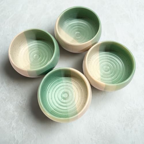 Image of Freakway 150 ml Ceramic Dip Bowls Set of 4 - Handcrafted Dual Tone Green & Beige | Small Serving Bowls for Snacks, Dips & Desserts | Microwave & Dishwasher Safe