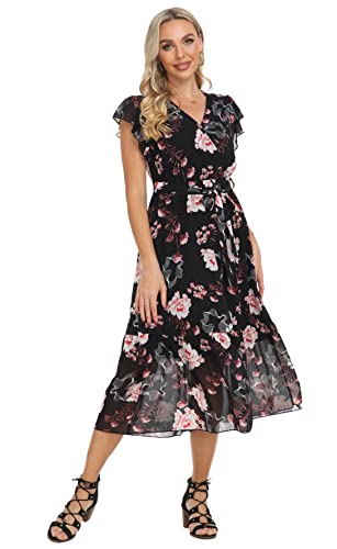 Image of VintageClothing Womens Sundress Casual Floral Summer Boho Dress | Flowy Wrap V Neck Ruffle A-Line Pleated Hem Midi Dresses