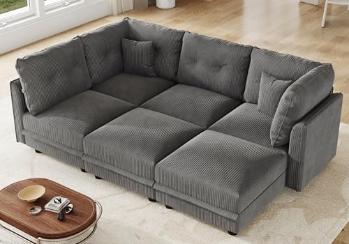 Image of LLappuil 112 inch Modular Sectional Sofa with Storage, U Shaped 6-Seat Corduroy Couch with 6 Throw Pillows, Convertible Sofa Set for Living Room & Apartment, Skin-Friendly & Soft, Grey