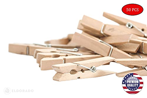 Eldorado Clothespins, Standard Natural Wooden, Stain Proof, 3 Inch, For Multipurpose Everyday Laundry, Clothes, Towels, Craft, Photos, Pictures, Decor, Baby Shower, Art Wall (50) #TOP2
