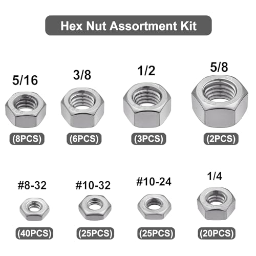 VGBUY 129pcs SAE Hex Nuts Assortment Kit 8-32 10-24 10-32 1/4"-20 5/16"-18 3/8"-16 1/2"-13 5/8"-11, 304 Stainless Steel 18-8 External Hex nut Set