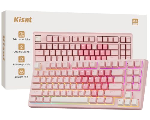 Image of Kisnt KN85 Wireless Mechanical Keyboard, 75% Layout, Bluetooth /2.4GHz /USB-C, Custom RGB Backlit, Hot-Swappable Linear Switch, Creamy Sound for Gaming /Typing (Rose Pink)