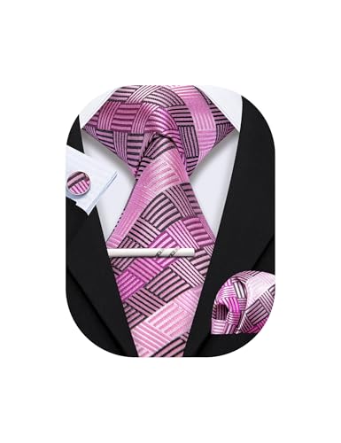 Image of YOHOWA Men Plaid /Striped Ties Set Silk Business Wedding Formal Fashion Necktie and Pocket Square Cufflinks Set