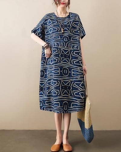 Image of LUZU JUNU Women's Summer Baggy Plus Size Loose Cotton Linen Long Boho Beach Dress with Pockets