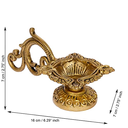 Image of eCraftIndia Ethnic Carved Brass Diya with 4 Wicks for Pooja Room and Temple, Gold, One Size (BDP504)