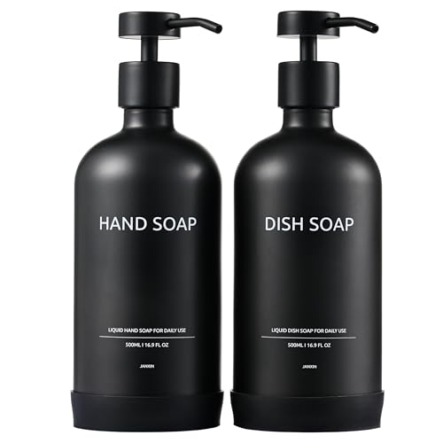Janxin 2 Refillable Glass Pump Bottles for Kitchen, Seifenspender Schwarz, 500 ml Soap Dispenser with Pump Head, Mit Non-Slip Silicone Protective Underlay (Schwarze Flasche Mitesser)