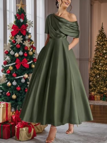 Ouyisha Satin Mother of The Bride Dresses for Wedding One Shoulder Tea Length A Line Pleated Simple Formal Wedding Guest Dress Turquoise 82