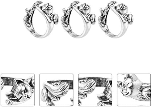 EXCEART 3Pcs Adjustable Knitting Loop Ring, Crochet Loop Ring, Cat Shape Yarn Guide Finger Holder for Knitting, Vintage Silver