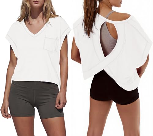 Gacaky Womens V Neck Workout Top Open Back Shirts Oversized Yoga Y2k Athletic Slouchy Running Tee White M