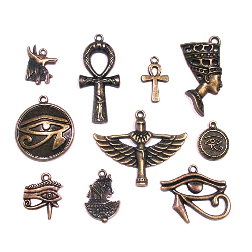 10pcs Antiqued Bronze Egyptian Charms – Ankh, Eye of Ra, Cleopatra, Isis, Anubis – Jewelry Making and Craft Supplies