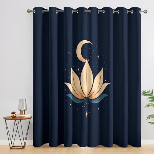 Moon Lotus Curtains for Bedroom Decor, 72 Inches Long, Celestial Floral Boho Spiritual Meditation Pattern Design Blackout Drapes, Moon Lotus Curtains for Living Room, 2 Panels Set E&-8979