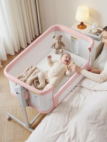 ONTHEWEI Baby Bassinet Bedside Sleeper 3-in-1, Easy Night Feeding with One-Side Fold & Rolling Wheels, Breathable Mesh, 6-Height Adjustable, Soft Mattress for Newborns