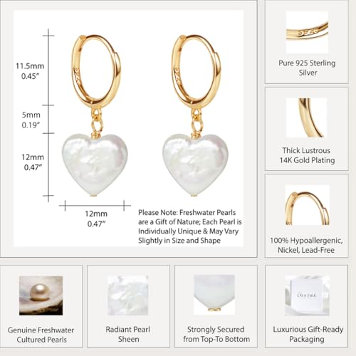LILY LUSTRE 14k Gold Plated/Filled 925 Sterling Silver Handpicked AAAA Quality Natural White Freshwater Cultured Heart Shaped Pearl Huggie Hoop/Leverback Drop Dangle Earrings for Women4