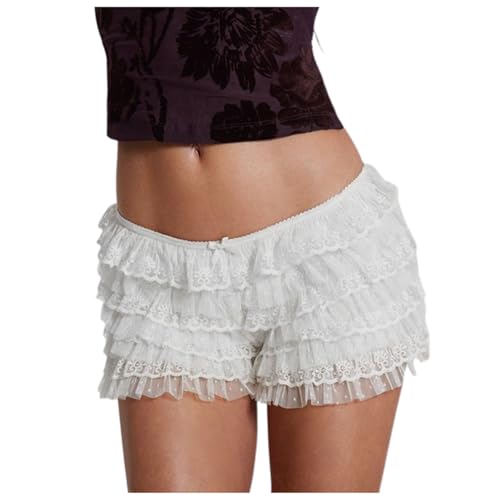 Damen Bloomer Shorts Y2k Weiß Spitze Kurze Hosen Mehrlagig Rüschen Elastische Niedrige Taille Hot Pants Mini Pettipants Teenager Mädchen Elegant...