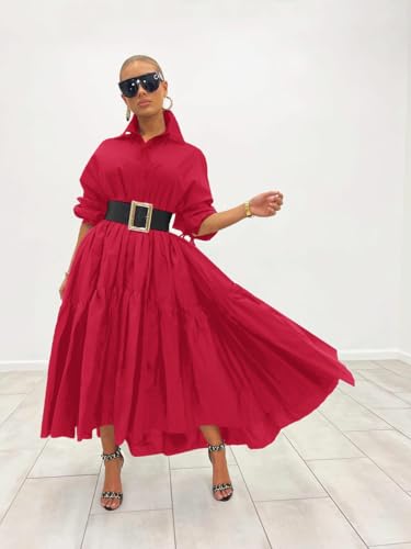 Image of Women's Long Sleeve Maxi Shirt Dress Elegant Button Down Loose Swing Party Dress