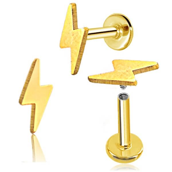 Ya en mundofriki.es: 2 Labrets piercings rayo 7mm para tragus, helix de color dorado, palo corto 6mm y grosor estandar 1,2mm, pulido brillo