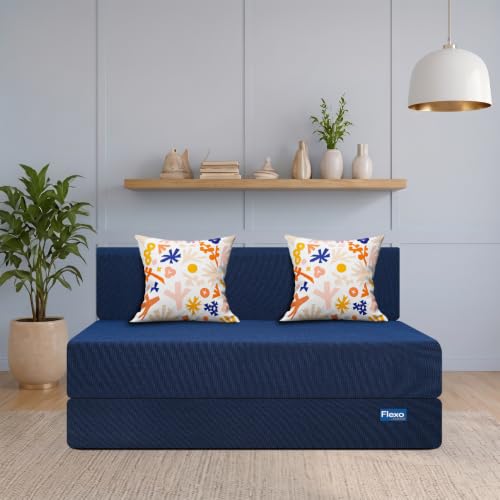 Image of Starlon 3 Seater Foldable Sofa Cum Bed 3-in-1 with 2 Floral Pattern Pillows, Washable Jute Fabric Cover, Space Saving Guest Bed, Royal Navy Blue 6x6.5 Ft