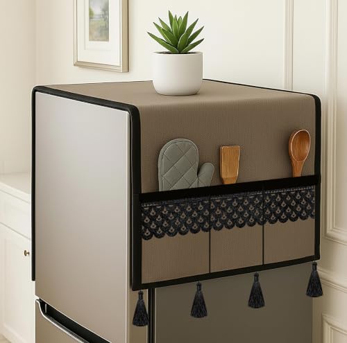 Image of Refrigerator Single Door Waterproof, Dustproof, Tassel Lace Refrigerator Top Cover, Protective Cover for Fridges with Extra Storage Space Nylon Top cover with 6 Storage Pockets ( Golden, 130 x 54 cm )