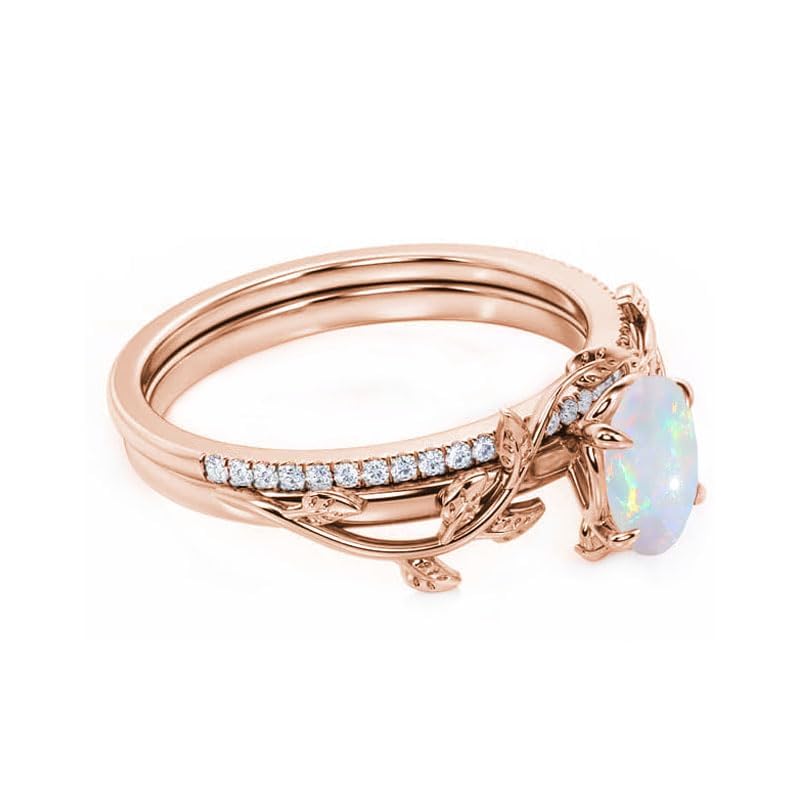 1.5ctw Rose Gold Oval Opal Engagement Rings 925 Sterling Silver Leaf Opal Bridal Sets Dainty Promise Ring for Women3