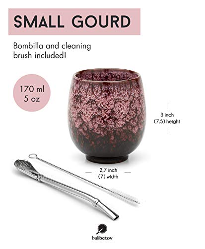 BALIBETOV Set de Mate - Taza Mate de Cerámica - Bombilla (Paja) y Cepillo de Limpieza Incluido - Calabaza Yerba Mate… - Imagen 3