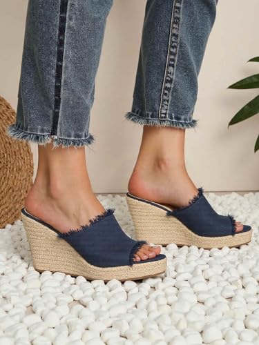Perphy Womens Espadrilles Wedge Open Toe Denim Wedge Blue Jean Shoes Slip on Slide Mules Sandals2