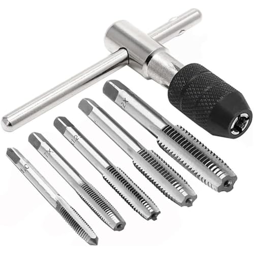 YWHWXB 6 Piece Tap Wrench Tool Set,Adjustable T-Shape Handle Ratchet Tap Wrench,Machine Screw Thread Metric T-Shape Taps Wrench with M3 M4 M5 M6 M8 Taps for Aluminum Metal Plastic Wood