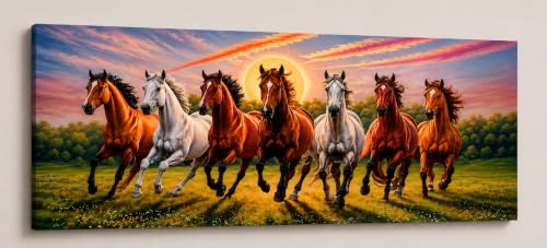 Image of 7 Horse Vastu Sunrise Canvas Painting | Positive Energy Wall Decor | Big Size Premium Running Horses Artwork for Home, Office & Hall Decoration (Modern, Brown Horse, 44x20 Inch)