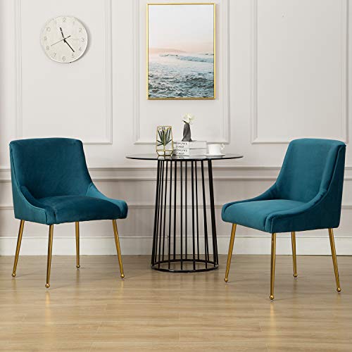 Kmax Modern Dining Chairs Set, Velvet Upholstered Living Room Chairs with Brass Metal Legs, Luxury Mid Century Guest Room Chair, 2PS - Teal Blue