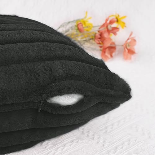 Uxcell 2 Pcs Double-Sided Plush Faux Fur Throw Pillow Covers Soft Fluffy Striped Pillow Covers for Home Decor Black 45 x 45 cm - Image 4