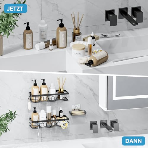 LYRIFFTIC Duschablage Ohne Bohren, 3-TLG Duschorganizer mit Verstellbaren Körben, Rostfrei - Maximaler Stauraum mit Seifenhalter & 3 Haken für Dusche, Bad, Küche, Balkon - Shower Caddy ohne Bohren