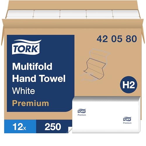 Tork Multifold Hand Towel White, Premium Quality, 250 Towels per Pack, 12 Packs, Fits H2 Towel Dispensers