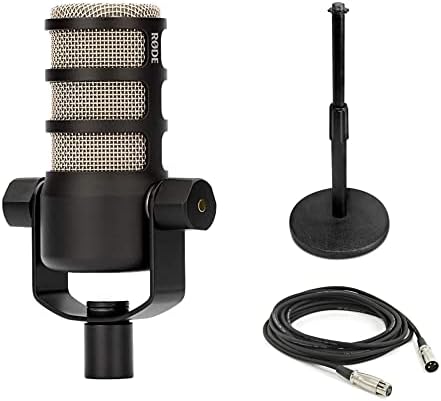 Rode PodMic Dynamic Podcast Microphone Desk Stand Bundle with Gator GFW-MIC-0501 Round-Base Stand and 10-Foot XLR Cable โ Cardioid XLR Studio Mic for Podcasting, Streaming, Voice Over, Broadcasting